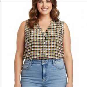 NWT Daniel Rainn Pam Sleeveless Button Front Blouse in Colorful Check Size 3X